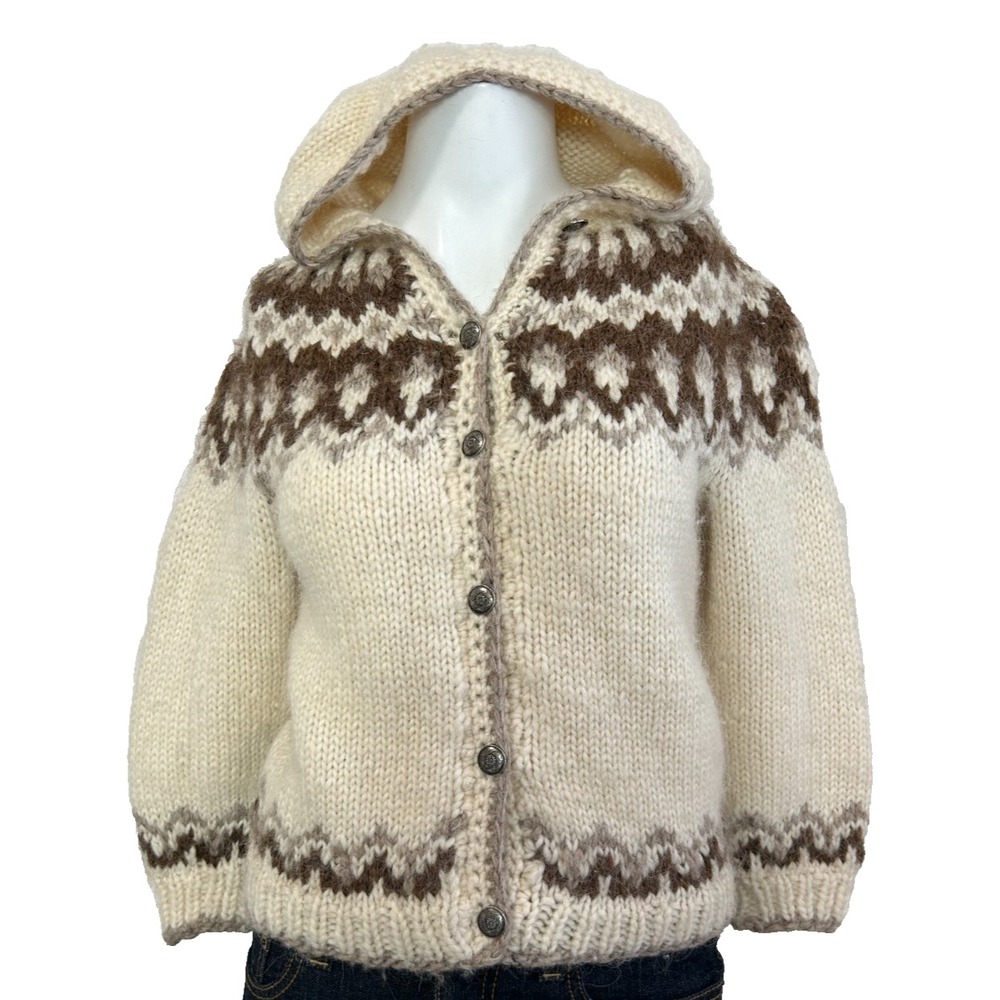 Hand Knit Icelandic Wool Lopapeysa Hooded Cardigan Kids Youth L 10 12 Girl Ivory